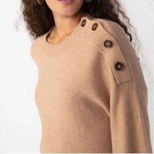 Sanctuary Crew-neck Sweater with button detail, wide, long sleeves, Camel,Size M